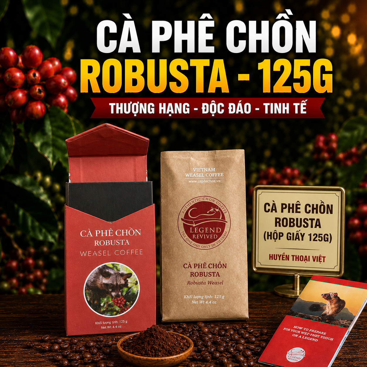 [HỘP GIẤY]Cà Phê Chồn Robusta Legend (Robusta Weasel Coffee) 125g: Quà tặng sang trọng